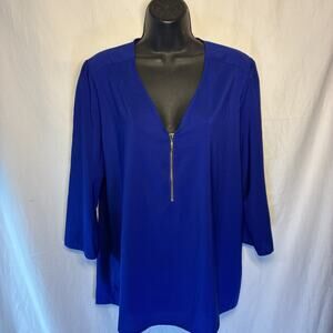 Express Women's Blouse LG V-Neck Cobalt Blue Half Zip 3/4 Sleeve Shirt Top0